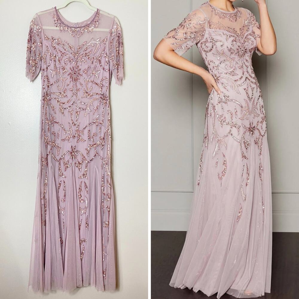 ADRIANNA PAPELL DRESS GOWN BEADED FLORAL FORMAL SEQUIN LONG MAXI EVENING FAIRY